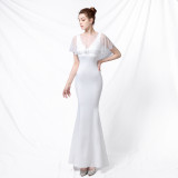 Bride Cape Solid Sleeveless V-Neck Long Mermaid Wedding Evening Dress Two Piece Set