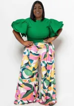 Spring Ladies Round Neck Ruffled Short Sleeve Top Printed Wide Leg Pants Two Piece Set