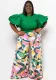 Spring Ladies Round Neck Ruffled Short Sleeve Top Printed Wide Leg Pants Two Piece Set