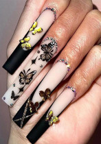 Manicura con uñas Borde negro Francés con armadura Mariposa Diamantes de imitación Faux Ongles Uñas artificiales