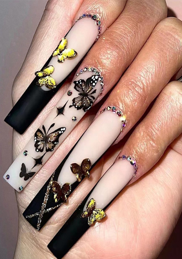 Manicure Wearing Nails Black Edge French Wearing Armor Butterfly Rhinestones Faux Ongles Artificial Nails