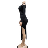 Women Solid Slash Shoulder Mesh Single Long Sleeve Maxi Dress