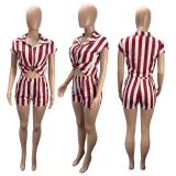 Ladies Spring Autumn Fashionable Casual Stripe Print Shirt Shorts Two Piece Set