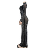 Women Mesh See-Through Beaded Long Sleeve Maxi Dress Set