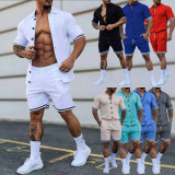 Men Casual Solid Turndown Collar Short Sleeve Top and Short Two-Piece Set