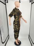 Women Short Sleeve Camouflage Woven Jumpsuit