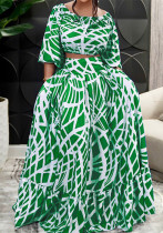 Plus Size Women Elegant Printed Top and Skirt Two-Piece Set