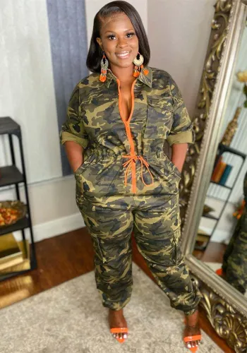Women Short Sleeve Camouflage Woven Jumpsuit