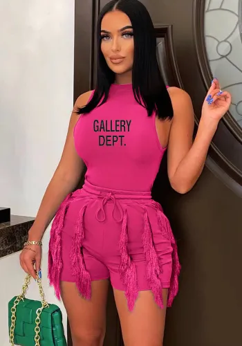 Women Tassel Print Sleeveless Bodysuit and Tassel Shorts Two-Piece Set