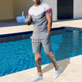Men Color Block short-sleeved top and shorts two-piece set