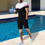 Men Color Block short-sleeved top and shorts two-piece set
