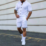 Men Casual Solid Turndown Collar Short Sleeve Top and Short Two-Piece Set