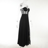 knitting Strapless Tunic Slit Dress Women's Spring Sexy Slim Black Long Dress