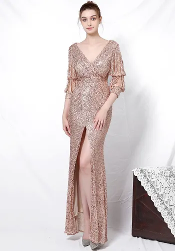 Formal Party Chic Elegant Long Half-Sleeve Sequined Queen Mermaid Evening Gown