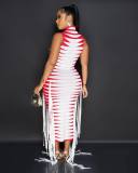 Womens Mock Neck Rib Print Webbing Sleeveless Dress