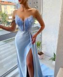 Feather Swing Slit Gown Dress