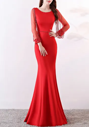 Bridal toast autumn long-sleeved rhinestone chain mermaid long evening dress