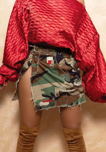 Dames Zomer Mode Slit Korte Rok Rok Camouflage Patch Pack Rok