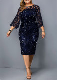 Fashion Patchwork Mesh Sequined Fit 3/4 Sleeves Plus Size Dress