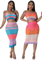 Kadın Giyim Modaya Uygun Çok Renkli Colorblock Örgülü Plaj Elbisesi İki Parçalı Set
