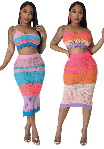 Conjunto de dos piezas de vestido de playa trenzado con bloques de color multicolor a la moda para mujer