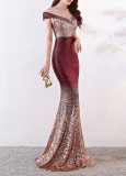 Gradient Sequin Sexy Evening Dress Fashion Formal Party Chic Long Slim Mermaid Dress