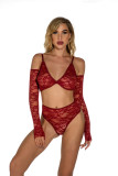 Lace transparent sexy lingerie set with gloves sexy pajamas