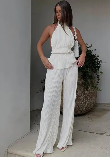Halter Neck Sexy Sleeveless Vest White Pleated High Waist Wide Leg Pants Set Women