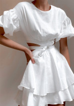 Vestido de lino informal de verano con hombros caídos, mangas abullonadas, volantes en cascada, vestido de mujer hueco