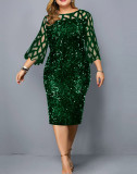 Fashion Patchwork Mesh Sequined Fit 3/4 Sleeves Plus Size Dress