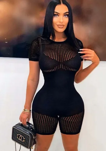 Women'S Fashion Solid Color Short Sleeve Knit Jumpsuit One-Piece Shorts