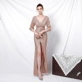 Formal Party Chic Elegant Long Half-Sleeve Sequined Queen Mermaid Evening Gown