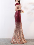Gradient Sequin Sexy Evening Dress Fashion Formal Party Chic Long Slim Mermaid Dress