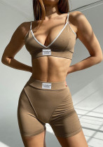 Sujetador de correas con etiqueta, conjunto de pantalones cortos de realce de glúteos ajustados, conjunto de dos piezas deportivo informal Sexy a la moda para mujer