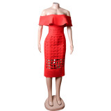 Summer Red Off Shoulder Ruffled Collar Slim Evening Dress Red Dress Ladies Chic Elegant Long Dress Bandage Dress