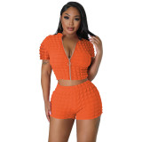 Women's Sexy Stand Collar Zip-Up Short Sleeve Top Shorts Two-Piece Set