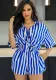 Striped Turndown Collar Long Sleeve Shirt Elastic Waist Shorts Set Two-Piece Set