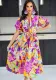 Women Chic Printed Turndown Collar Lantern Sleeve A-Line Dress