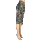 Damen-Mode-Stil Camouflage-Blatt-Druck-Cargo-Taschen-Schlitz-Reißverschluss-Rock mit hoher Taille