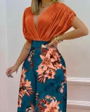 Women's Spring Summer Solid Bat Sleeves Top Print Wide Leg Pants Two-Piece Set
