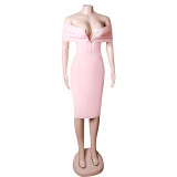 Spring Pink High Waist Slim Waist Off Shoulder Bandage Dress Chic V Neck Ladies Dress