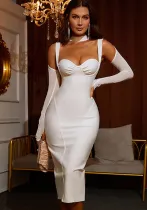 Spring Pure Color Evening Dress Straps Long Sleeve Slim Fitted Bandage Dress Women's Clothing