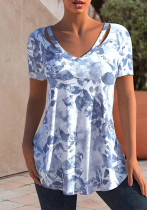 Camiseta feminina estampada para roupas femininas de manga curta com decote em V vazado