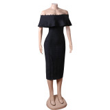 Chic Sexy Off Shoulder Bandage Dress Women's French Midi Bodycon Party Dress