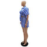 Camisa de manga larga con cuello vuelto a rayas Conjunto de pantalones cortos con cintura elástica Conjunto de dos piezas