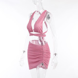 Halter Neck Tank Ruched Skirt Spring Women's Fashion Two Piece Skirt Set
