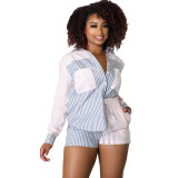 Camisa de manga larga de retazos con estampado de rayas, pantalones cortos ajustados de cintura alta informales, conjunto de dos piezas para mujer