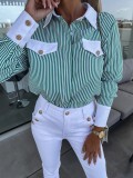 Career Women Blouse Women's Color-Blocking Fake Pocket Spring And Autumn Chic Elegant Striped Shirt