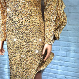 African Long Sleeve Gold Sequin Maxi Dress Formal Party Gown