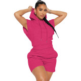 Women's Fashion Casual Sport Hooded Short Sleeve Two-Piece Shorts Set Women's Clothing